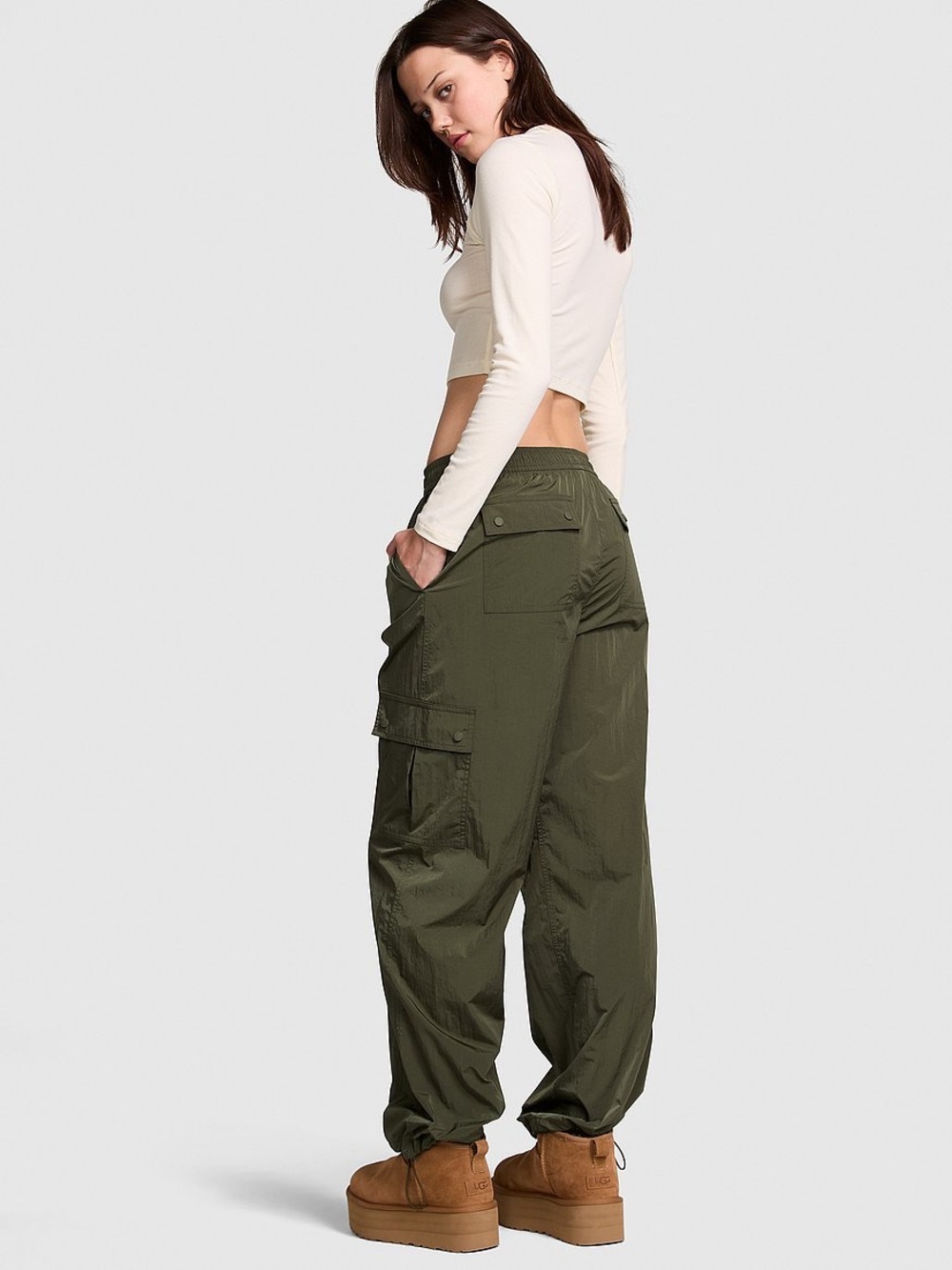 Victoria’s Secret PINK Olive Green Parachute Cargo Pants Y2K Utility Size L - Picture 2 of 13